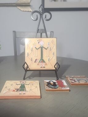 Hand-Painted Decorative Tile with Folk Figure  Set Of 4